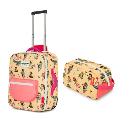 Maleta infantil amarilla motivo unicornios asa rosa neceser a juego Hello Hossy