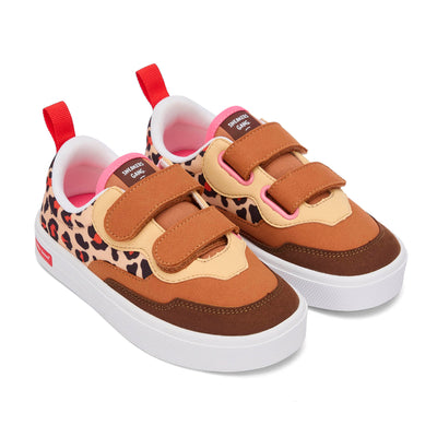 Sneakers niño crema marrón estampado leopard doble tira velcro Hello Hossy