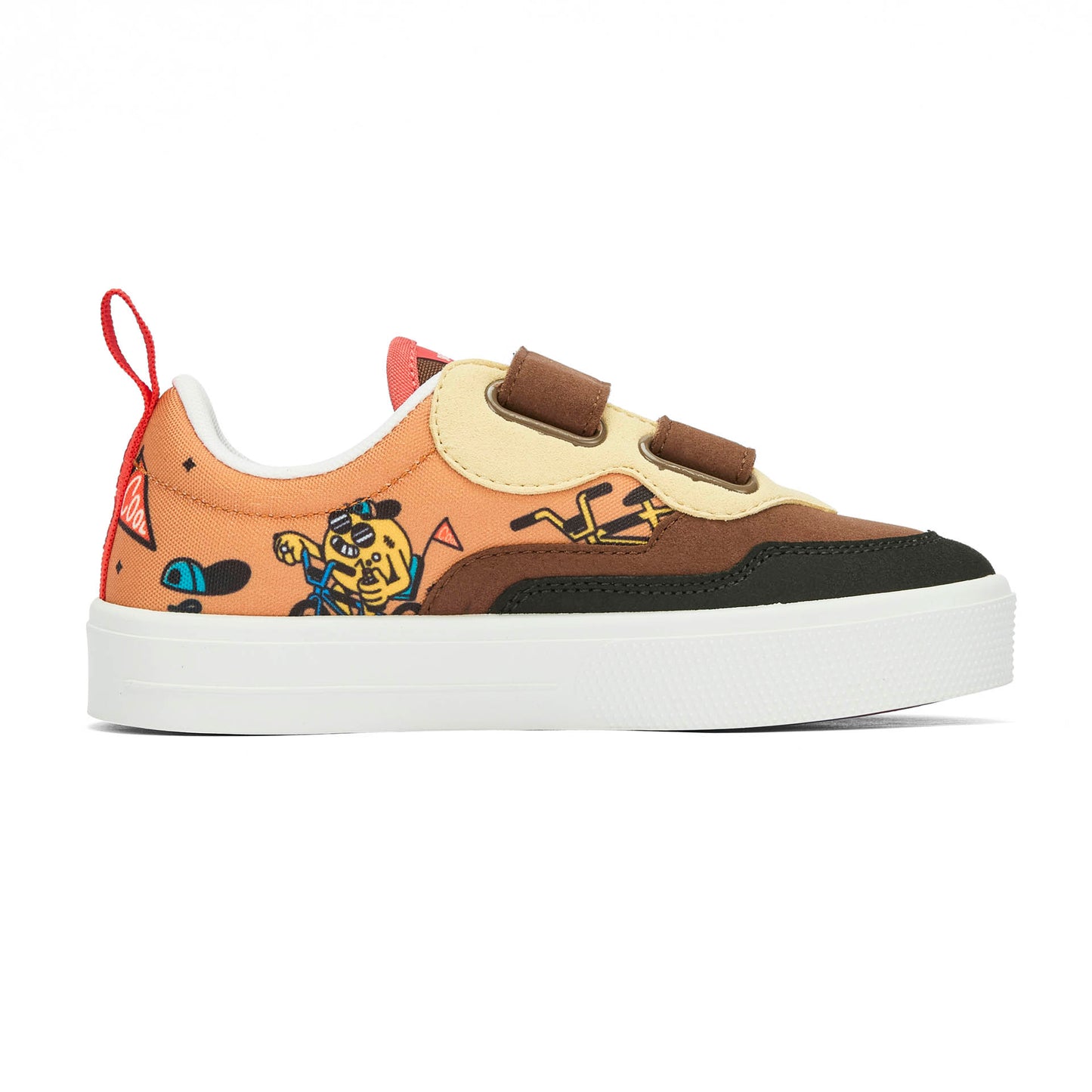 Sneakers enfant marron noir motif mascotte vélo bandes velcro Hello Hossy