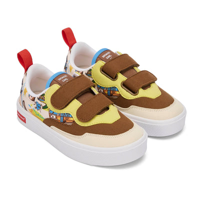 Sneakers niño crema marrón amarillo estampado USA velcro suela blanca Hello Hossy