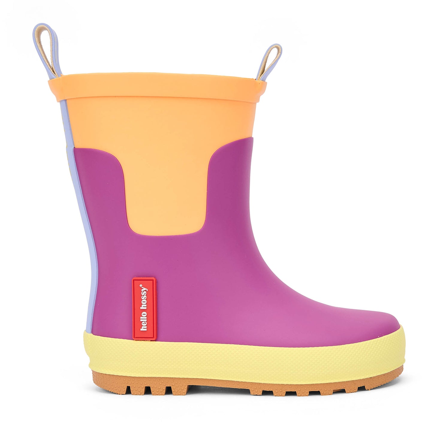 Botas de agua infantiles violetas y naranjas con detalle amarillo Hello Hossy