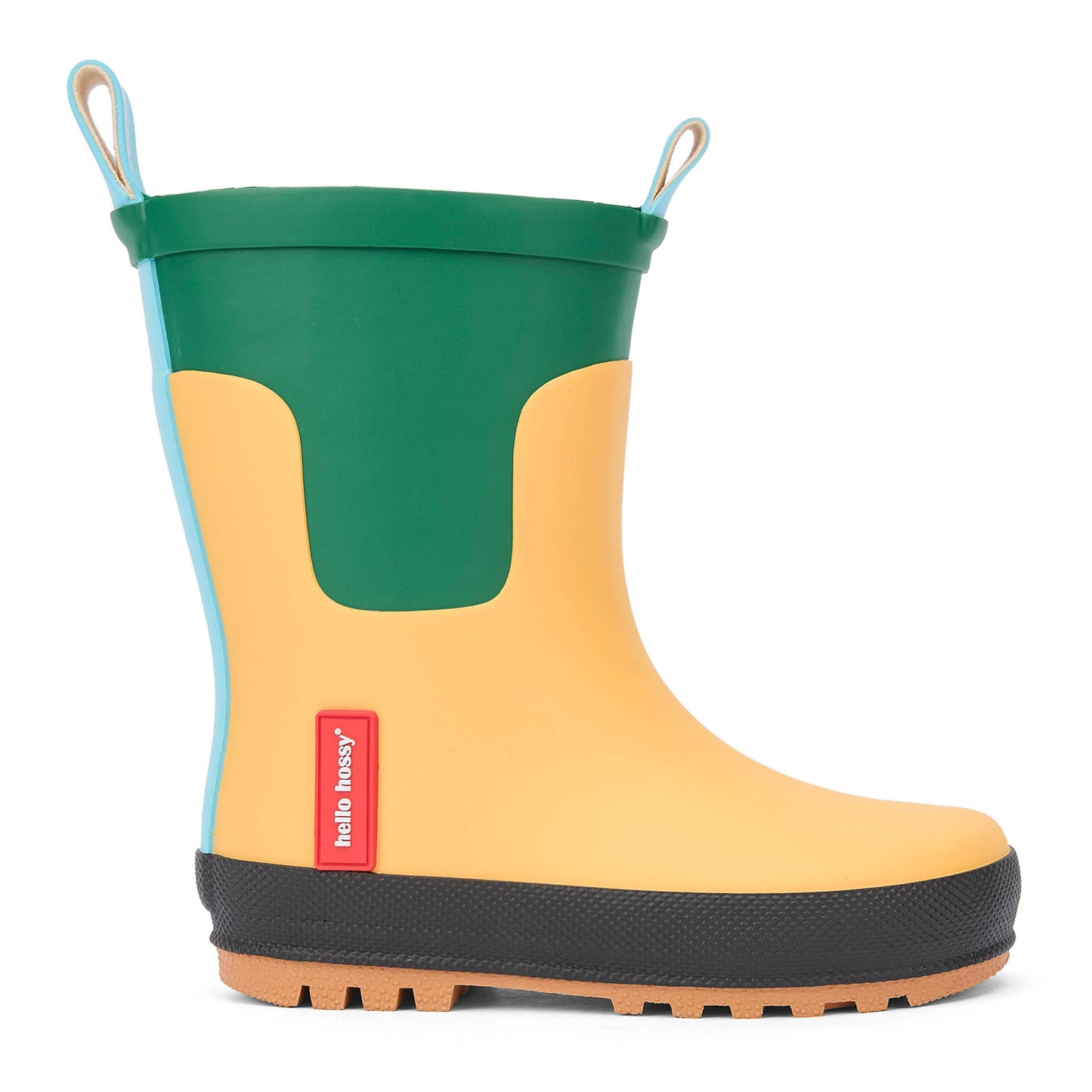 Botas de agua infantiles amarillas y verdes con suela negra Hello Hossy