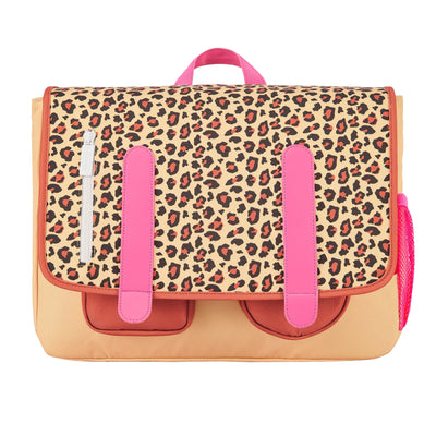 Cartera Escolar infantil crema marrón motivo leopard correas rosas Hello Hossy