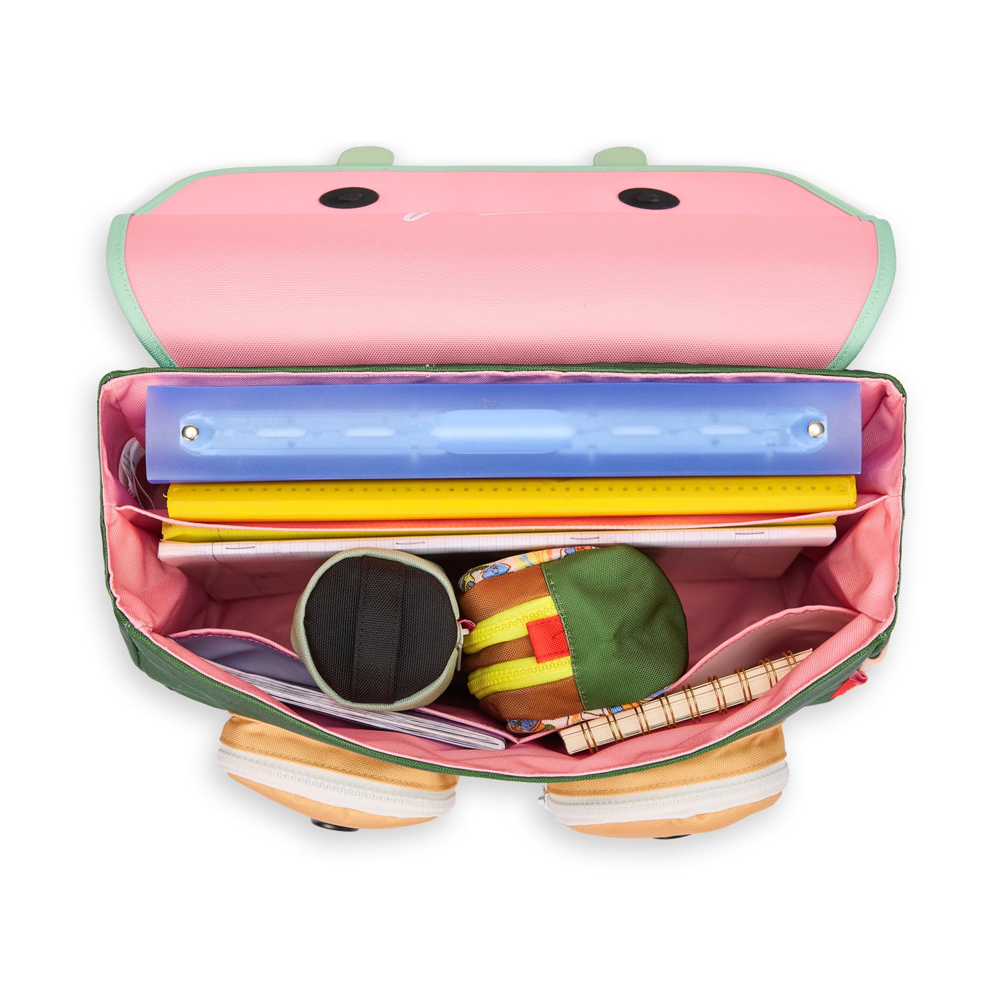 Cartera Escolar infantil rosa interior compartimentos organización Hello Hossy