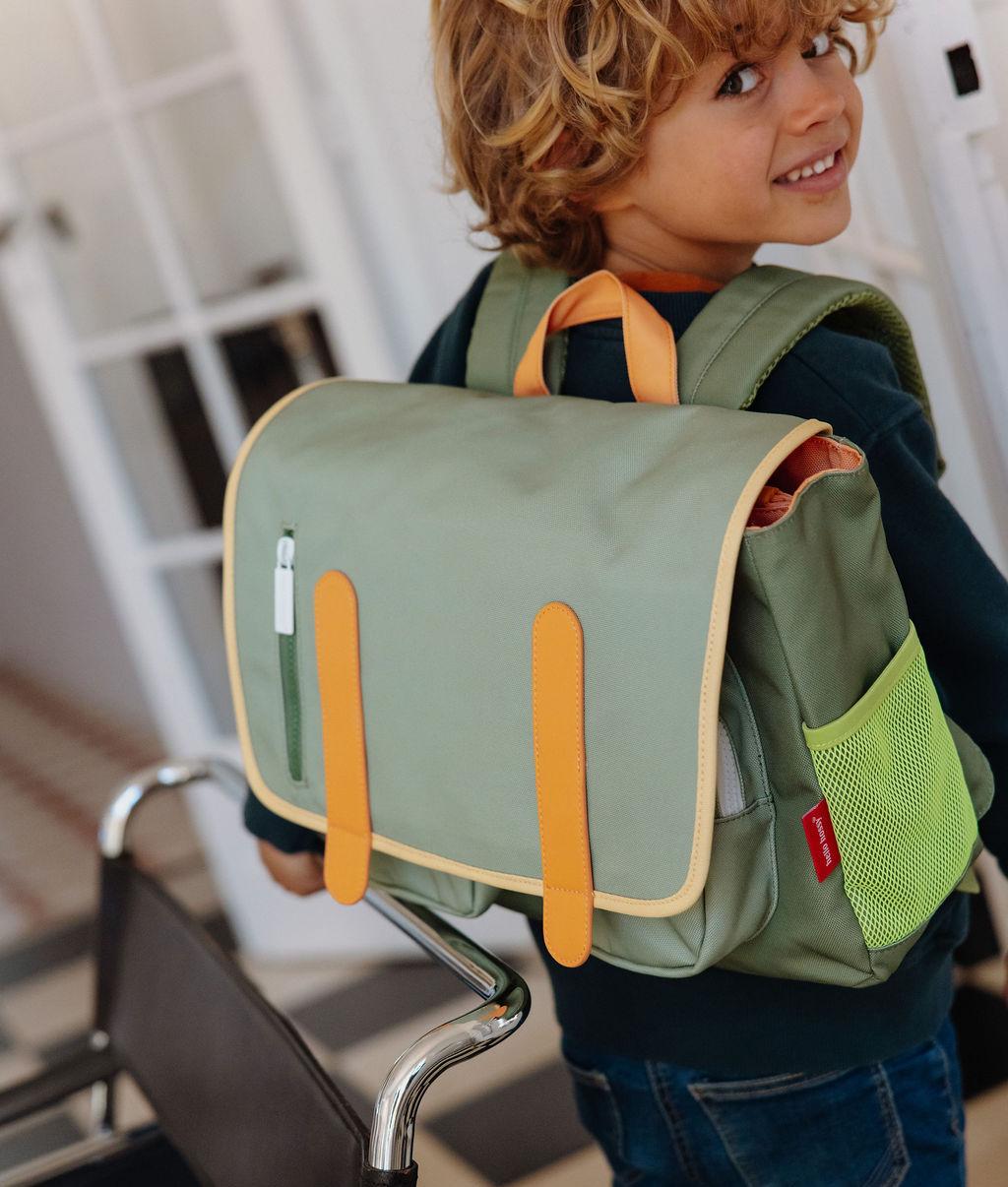 Mochila infantil verde con bolsillos de malla naranja Hello Hossy