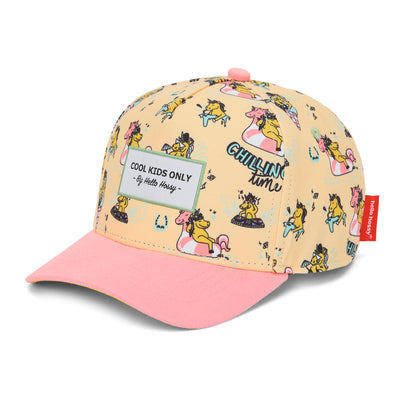 Gorra infantil rosa amarillo estampado unicornios visera curvada patch Hello Hossy