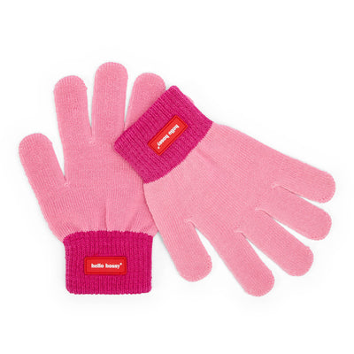 Guantes infantiles rosa fucsia con ribetes de canalé y etiqueta Hello Hossy