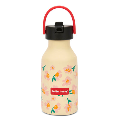 Botella infantil beige motivo flores asa roja botella con tapa negra Hello Hossy