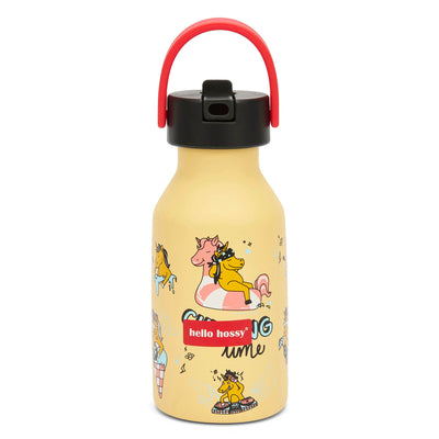 Botella infantil amarilla motivo unicornio asa roja Hello Hossy