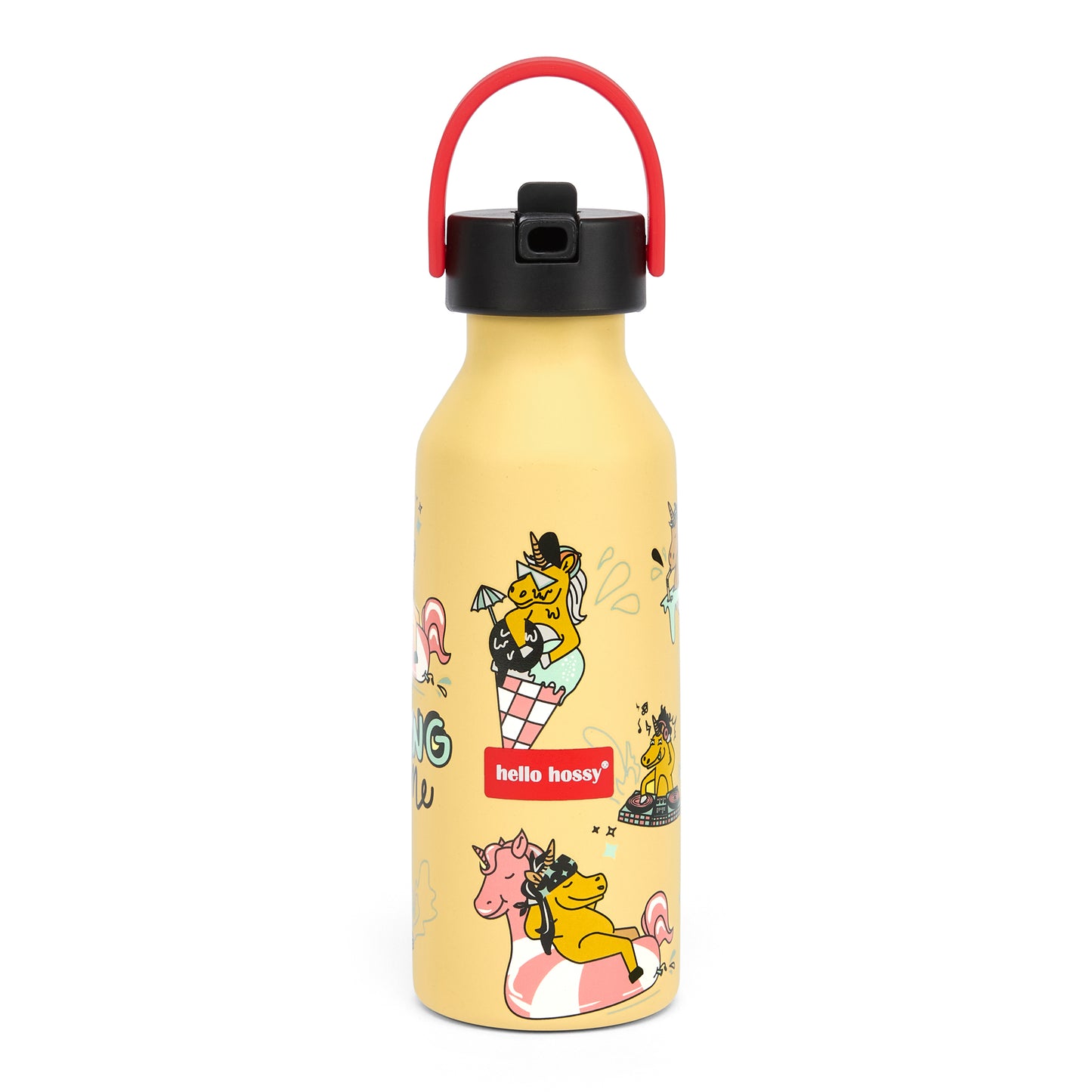 Botella infantil Amarilla motivo unicornio asa Roja botella con tapa Negra Hello Hossy