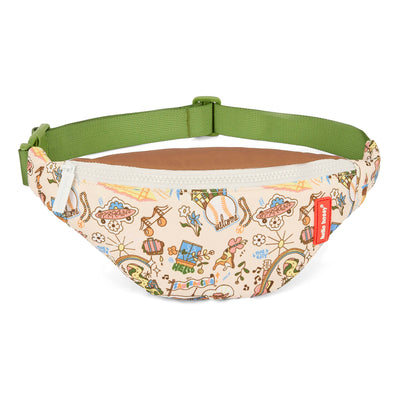 Riñonera infantil crema motivo viajes cremallera blanca correa verde Hello Hossy