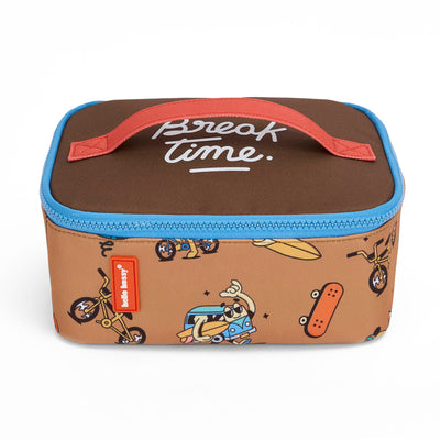 Bolsa de Almuerzo infantil marrón estampado mascota bicicleta zip azul asa naranja Hello Hossy