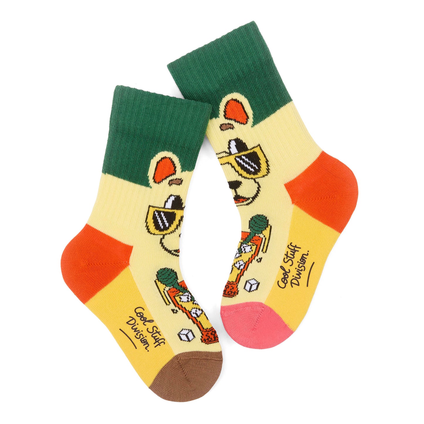 Paire de chaussettes pour enfant motif mascotte, talons et pointes contrastés rose et marron – vue à plat