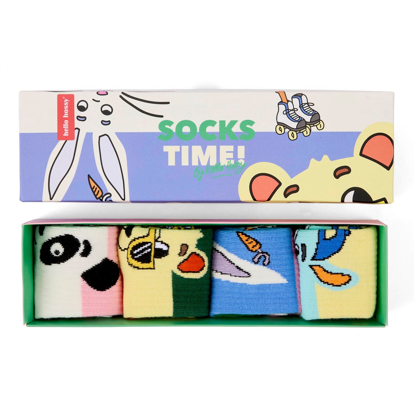 Pack de 4 paires de chaussettes pour enfant motifs mascottes dans leur coffret – vue du dessus