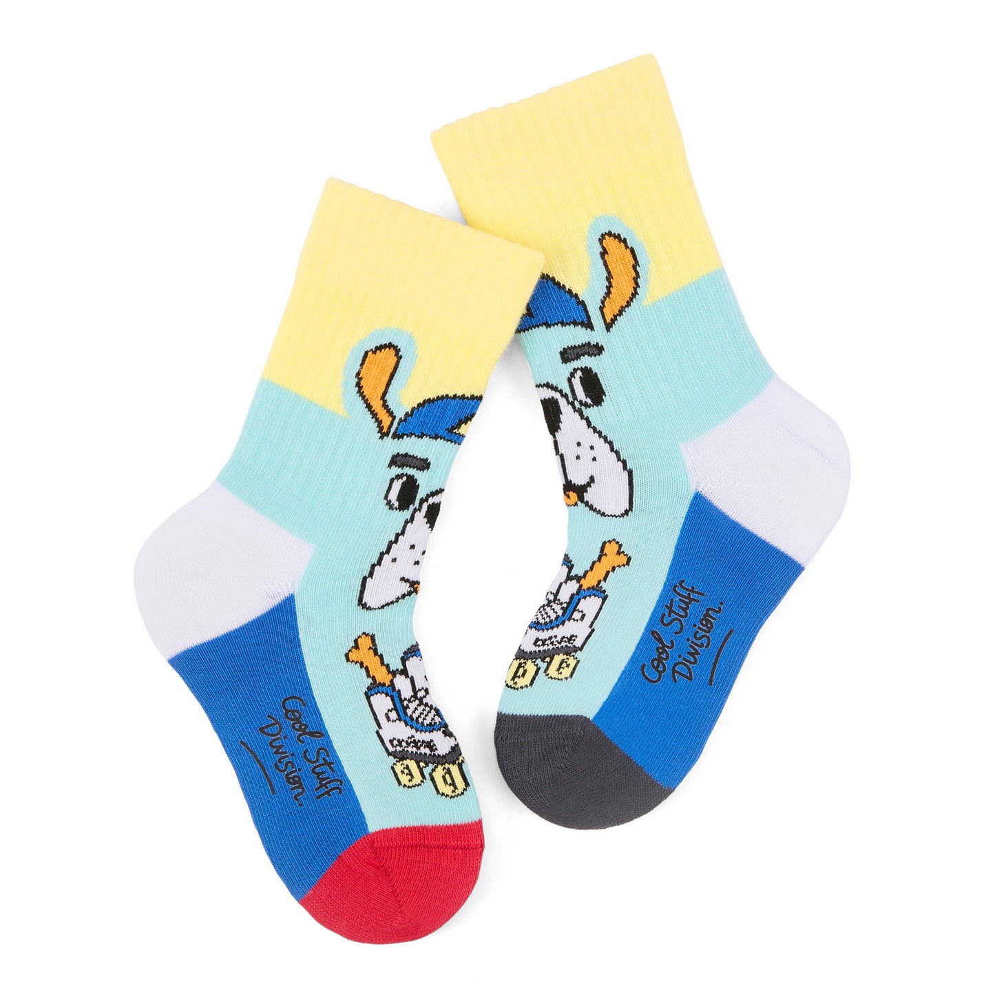 Paire de chaussettes imprimées mascotte bleue pour enfant, talons et pointes contrastés rouge et noir – vue à plat