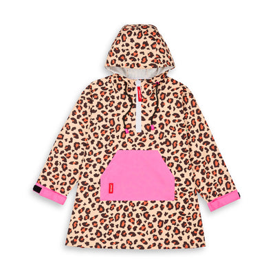 Poncho impermeable con capucha leopard para niño/a y adulto – vista plana, de frente