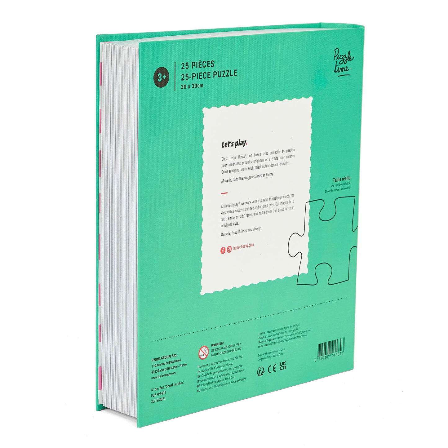 Puzzle pour enfant Hello Hossy au format livre – 25 pièces – dos illustré avec message de marque – vue arrière