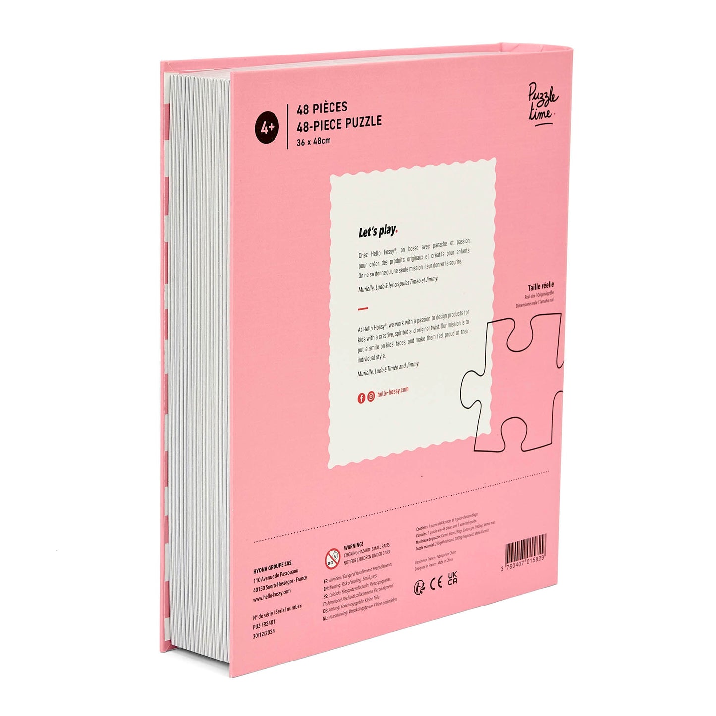 Puzzle pour enfant Hello Hossy au format livre – 36 pièces – dos illustré avec message de marque – vue arrière