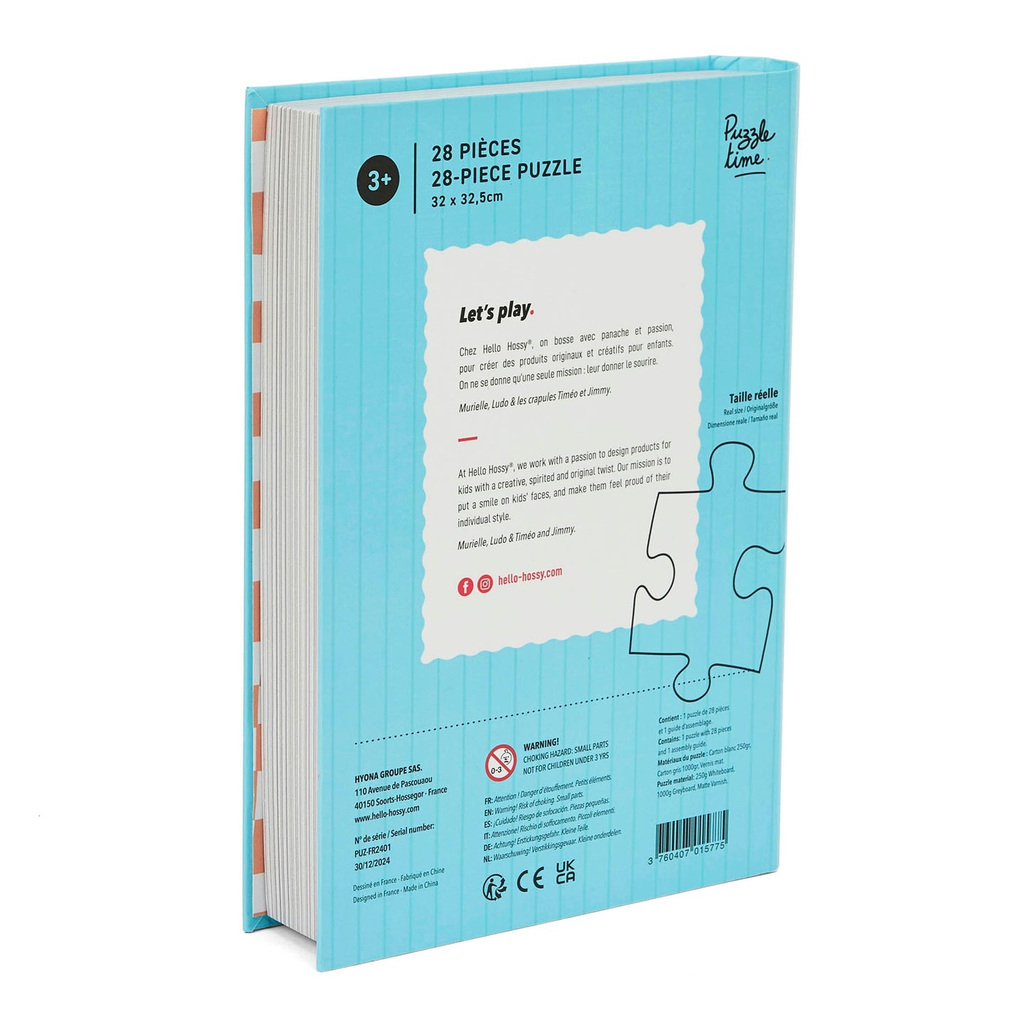 Puzzle pour enfant Hello Hossy au format livre – 28 pièces – dos illustré avec message de marque – vue arrière