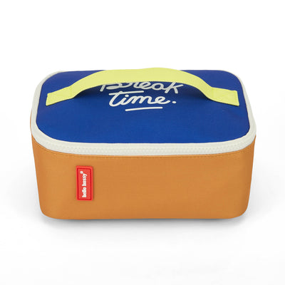 Bolsa de Almuerzo infantil azul beige asas amarillas texto bordado Hello Hossy