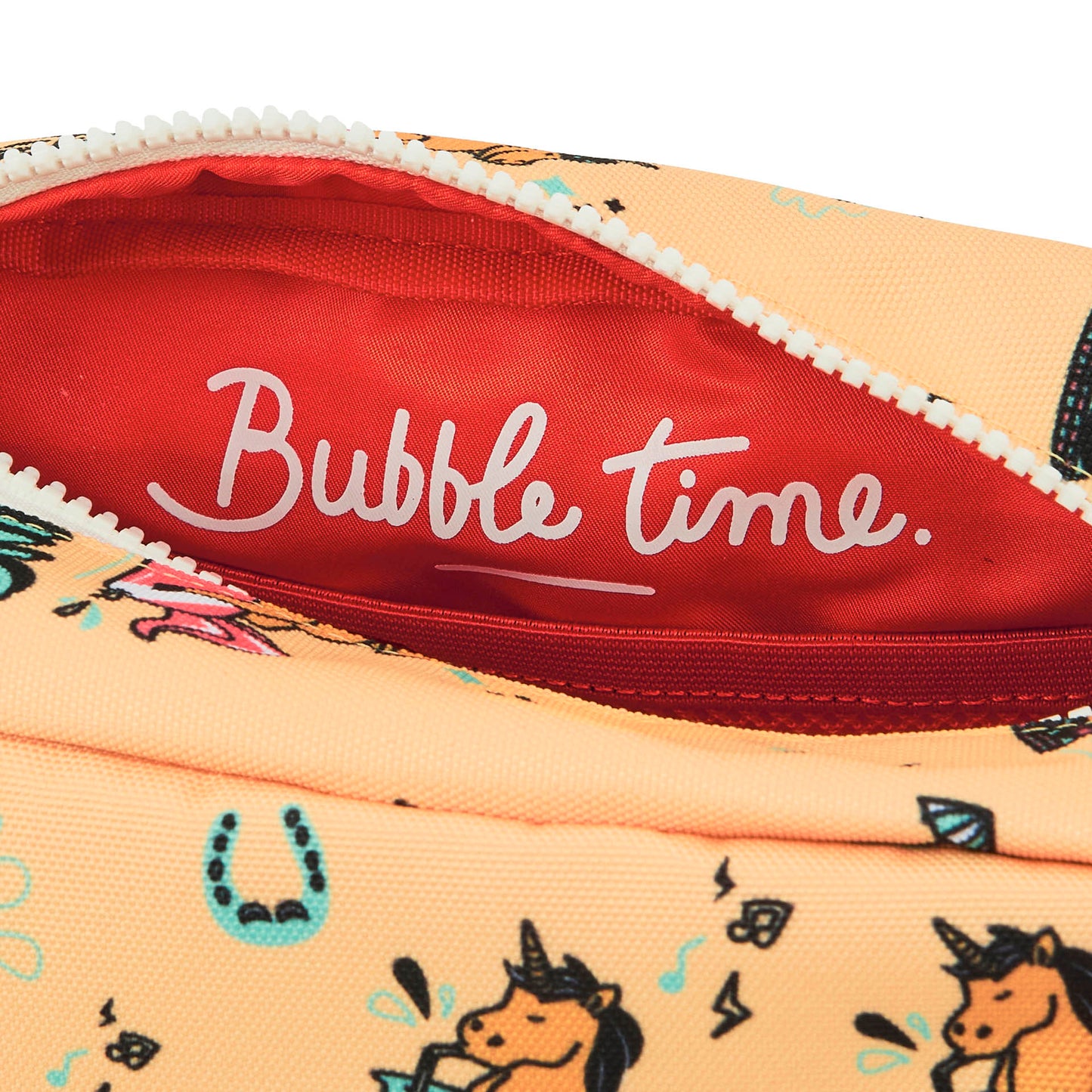 Neceser de aseo infantil estampado unicornios fondo melocotón apertura cremallera rojo Hello Hossy