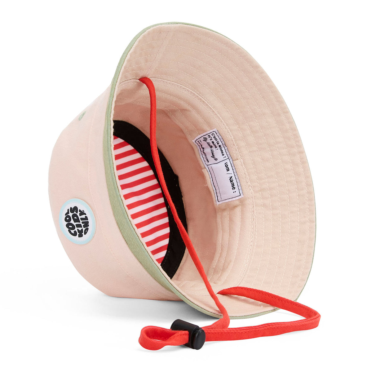 Gorrito infantil beige con interior de rayas rojas y verdes, correa ajustable Hello Hossy