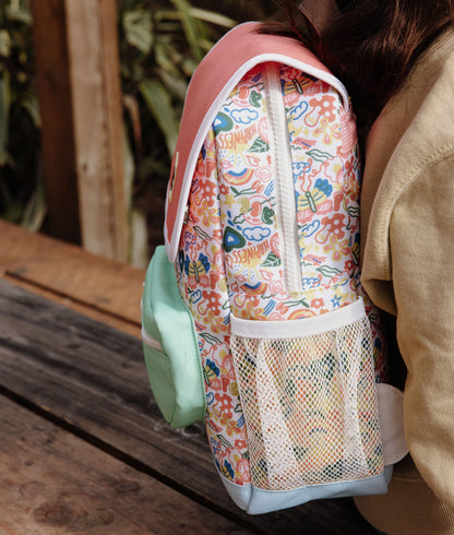 Mochila infantil blanco rosa motivo flores bolsillo de malla Hello Hossy