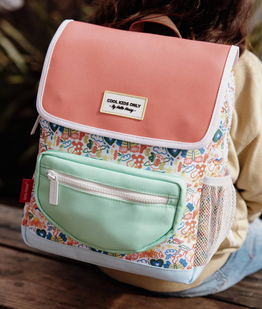 Mochila infantil estampado arte flores rosa blanco bolsillo mint Hello Hossy