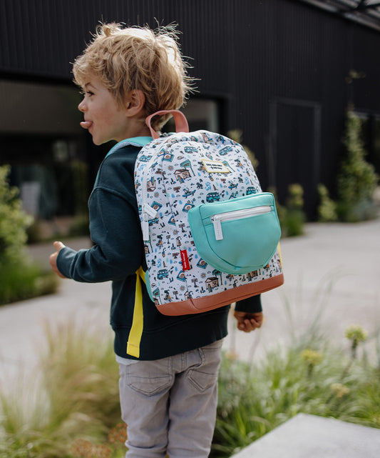 Sac à dos enfant blanc motif voyage poche avant turquoise Hello Hossy