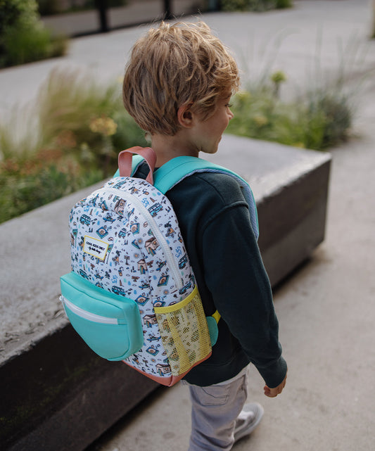 Sac à dos enfant blanc motif voyage Van poche filet jaune Hello Hossy