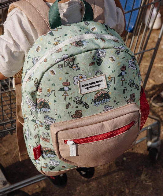 Sac à dos enfant vert motif voyage vélo poche avant beige Hello Hossy