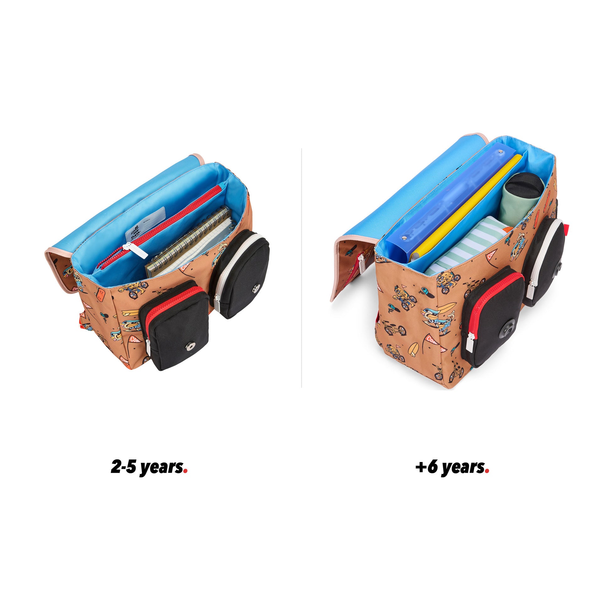 Cartera escolar infantil marrón estampados mascota bicicleta vista abierta comparativa 2 tallas Hello Hossy