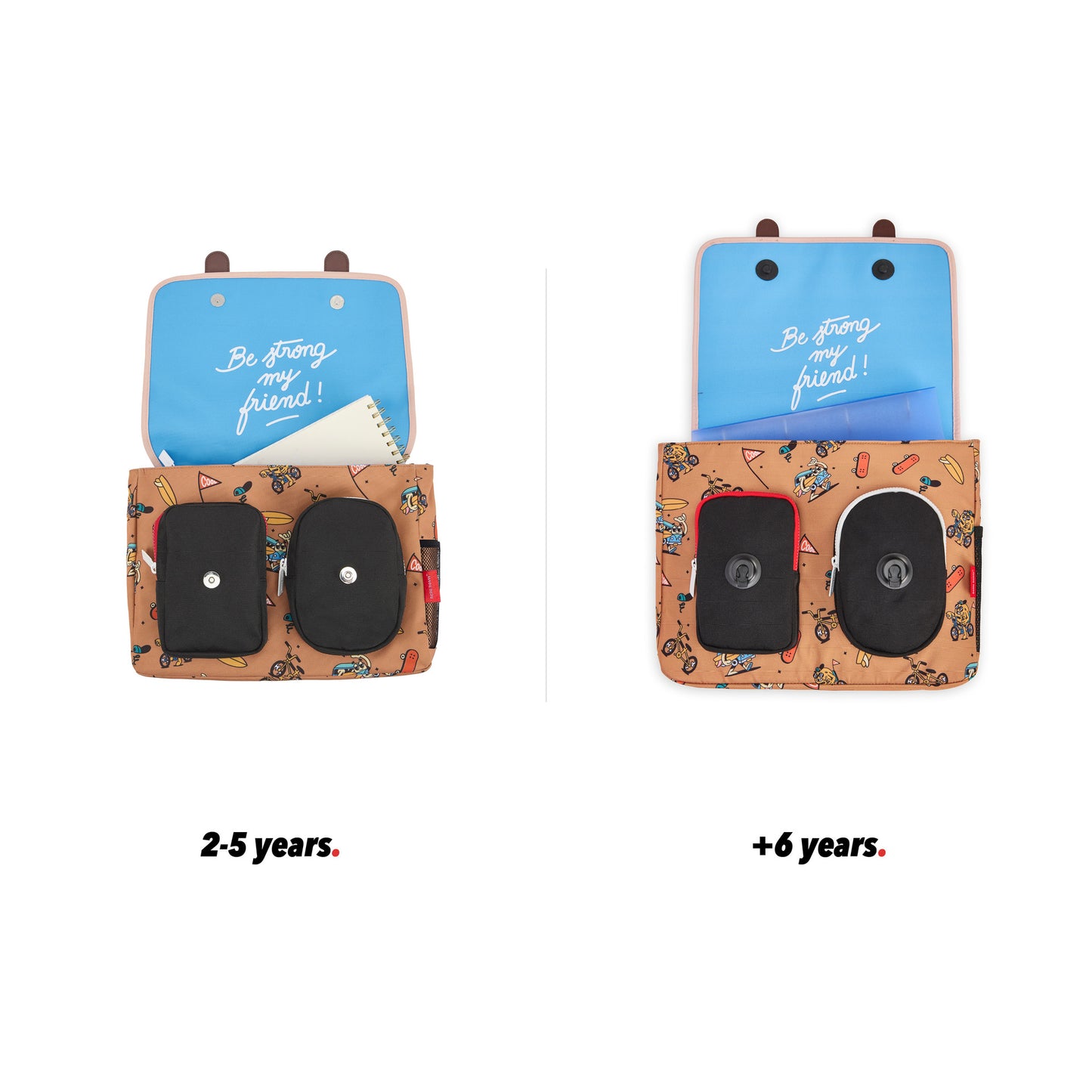 Cartera escolar infantil marrón estampados mascota bicicleta vista frontal abierta comparativa 2 tallas Hello Hossy