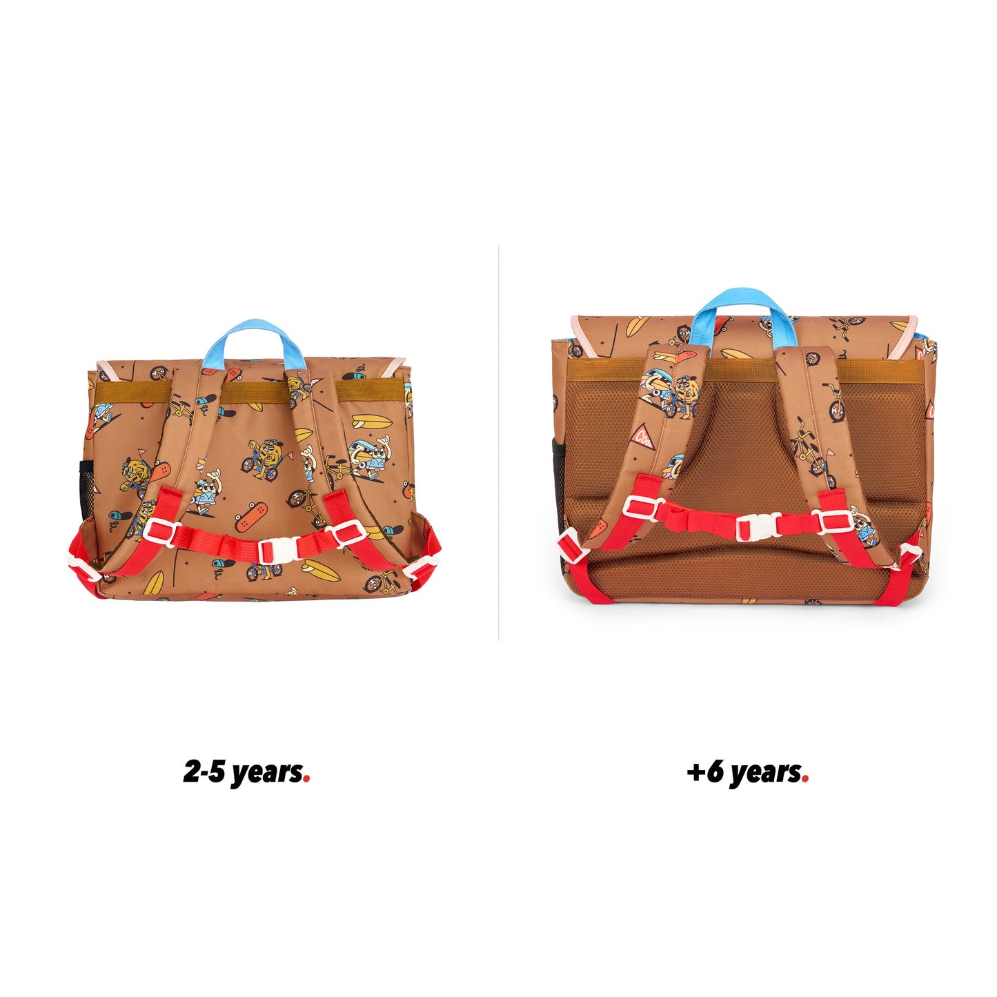 Cartera escolar infantil marrón estampados mascota bicicleta vista trasera comparativa 2 tallas Hello Hossy