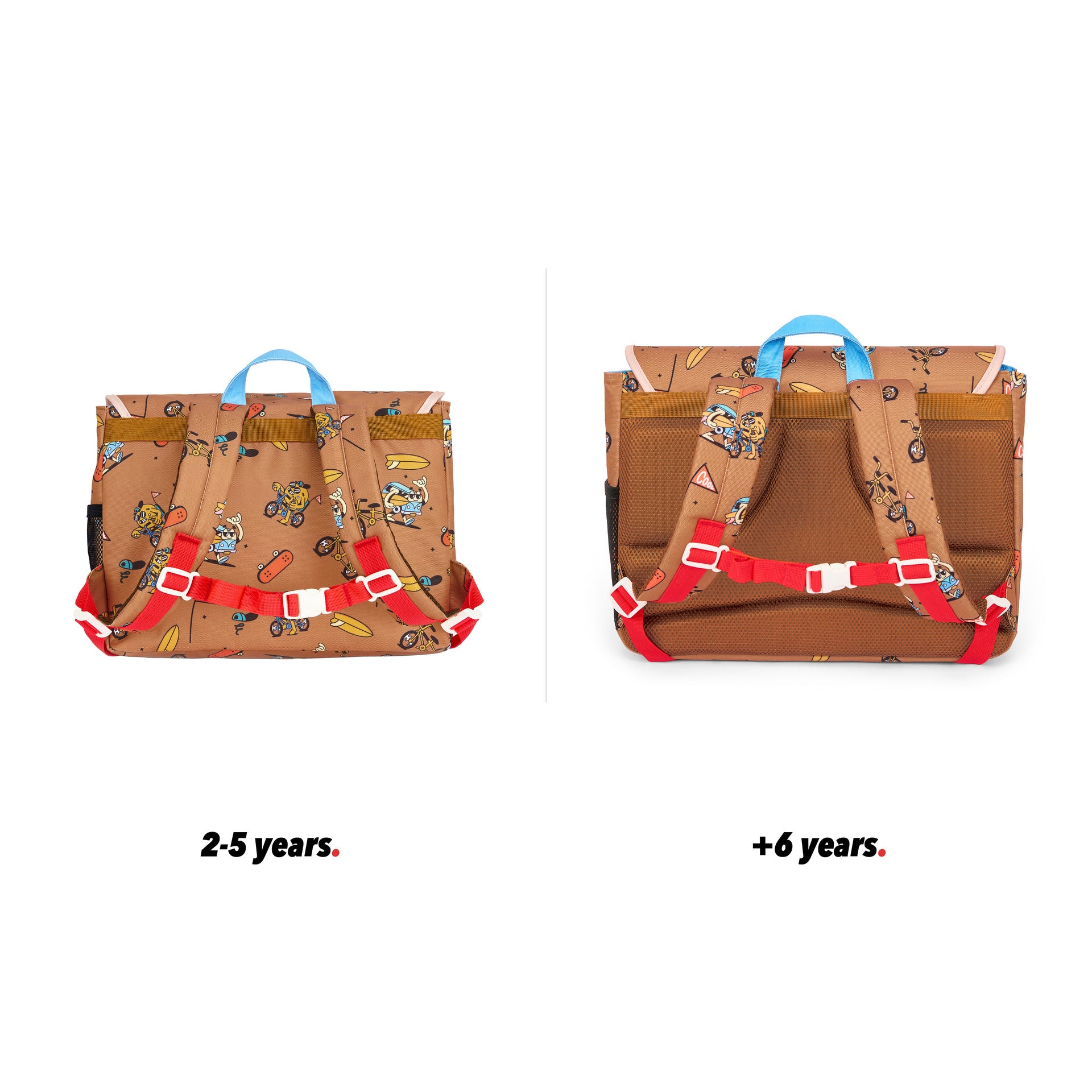 Cartera escolar infantil marrón estampados mascota bicicleta vista trasera comparativa 2 tallas Hello Hossy