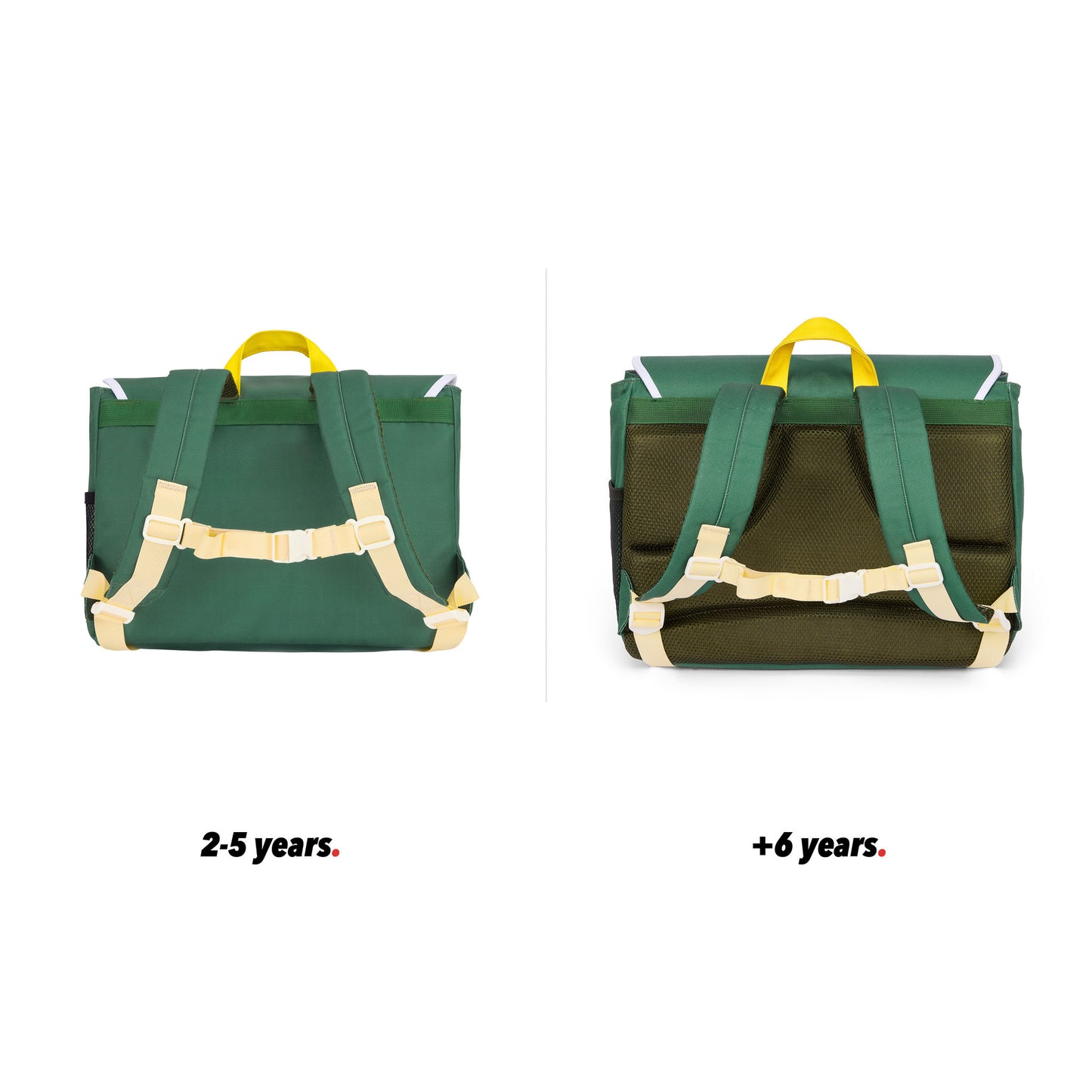 Mochila infantil verde bolsillo frontal marrón vista trasera comparativa 2 tallas Hello Hossy
