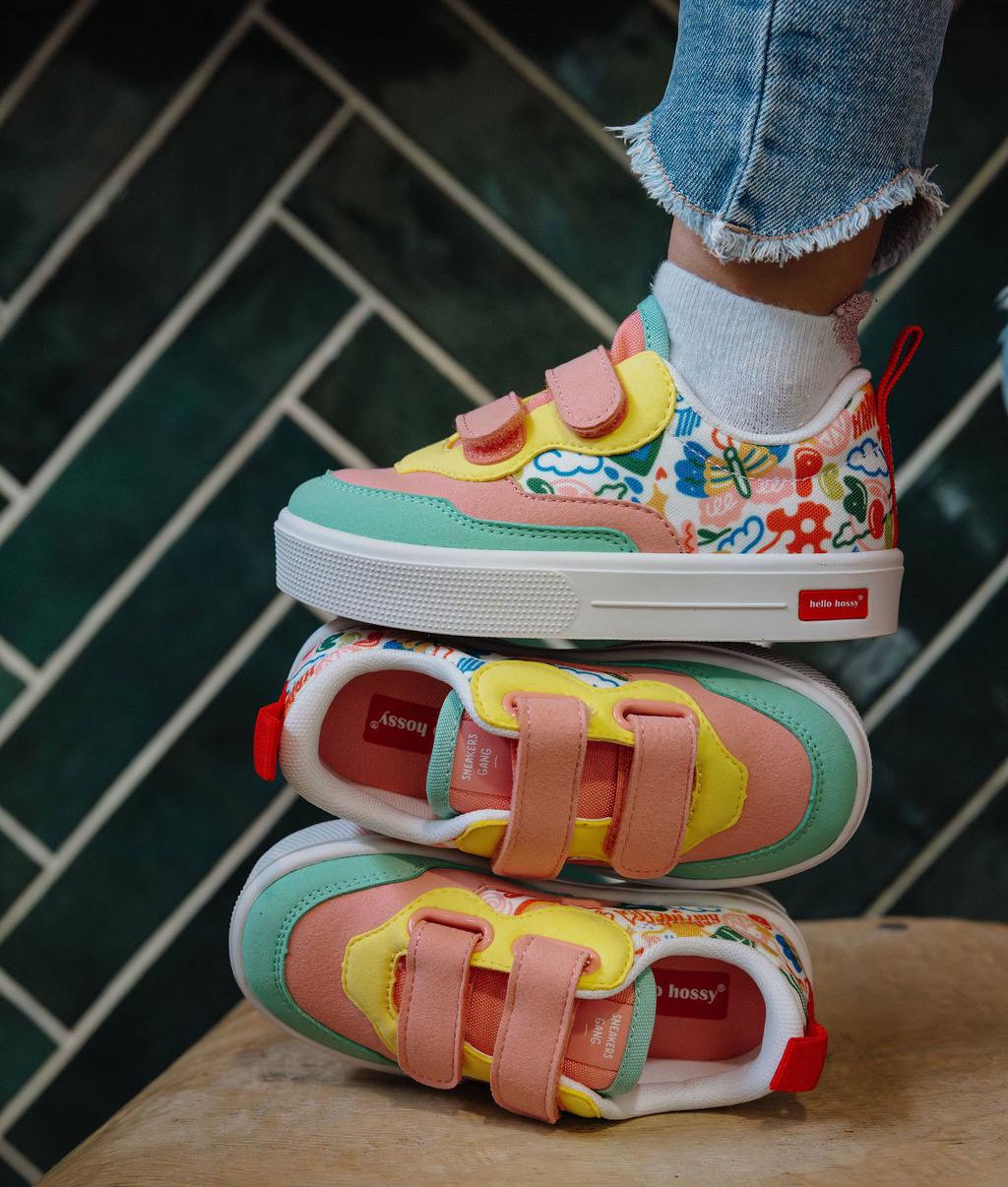 Sneakers niño rosa verde amarillo estampado arte multicolor doble velcro Hello Hossy