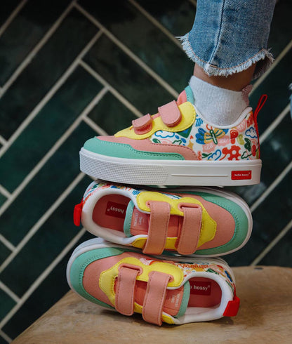 Sneakers niño rosa verde amarillo estampado arte multicolor doble velcro Hello Hossy