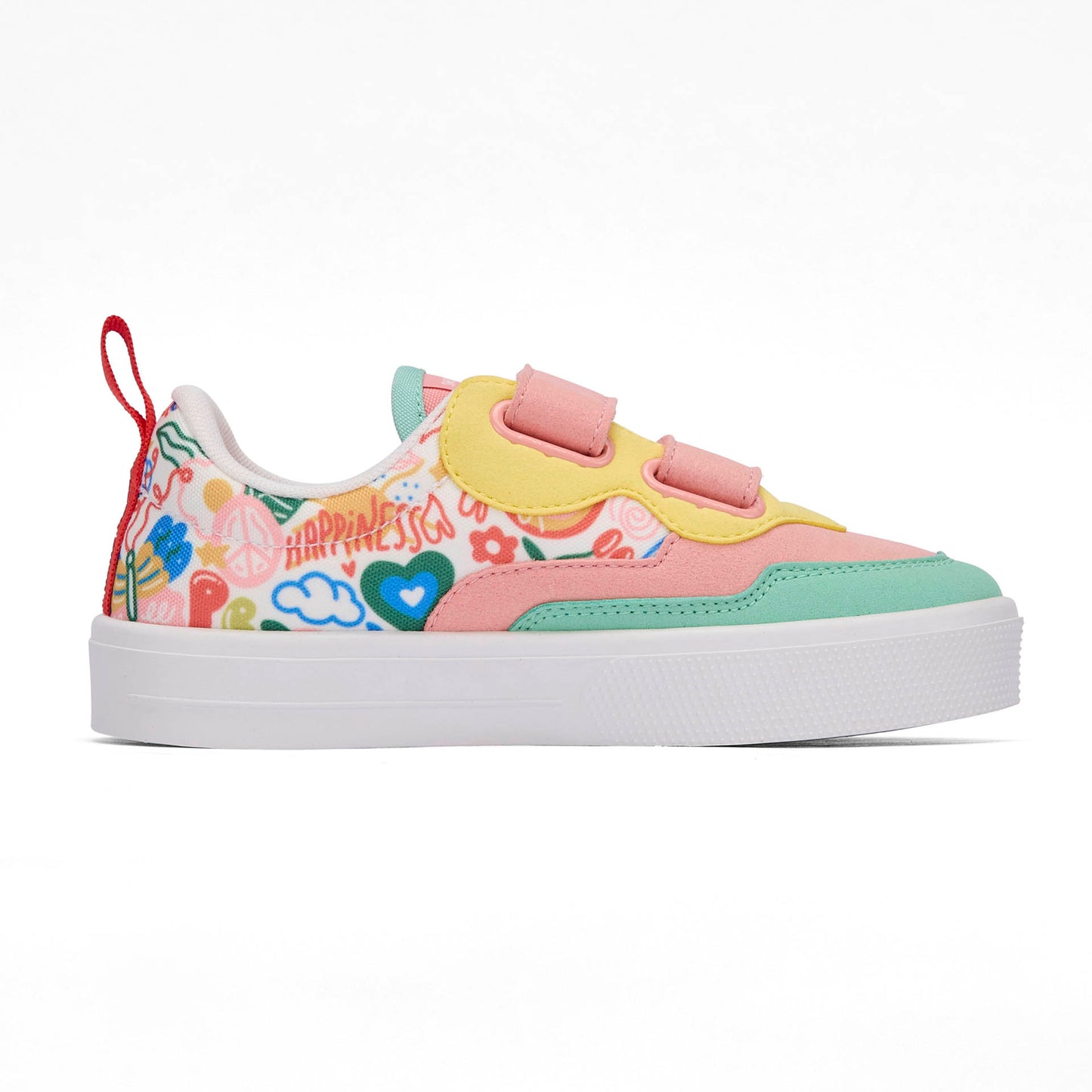 Sneakers niño rosa verde estampado arte flores suela blanca doble velcro Hello Hossy