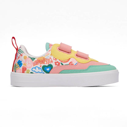 Sneakers niño rosa verde estampado arte flores suela blanca doble velcro Hello Hossy