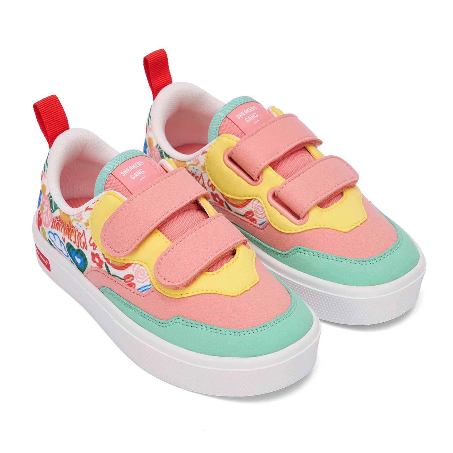 Sneakers niño rosa verde amarillo estampado arte flores doble velcros Hello Hossy