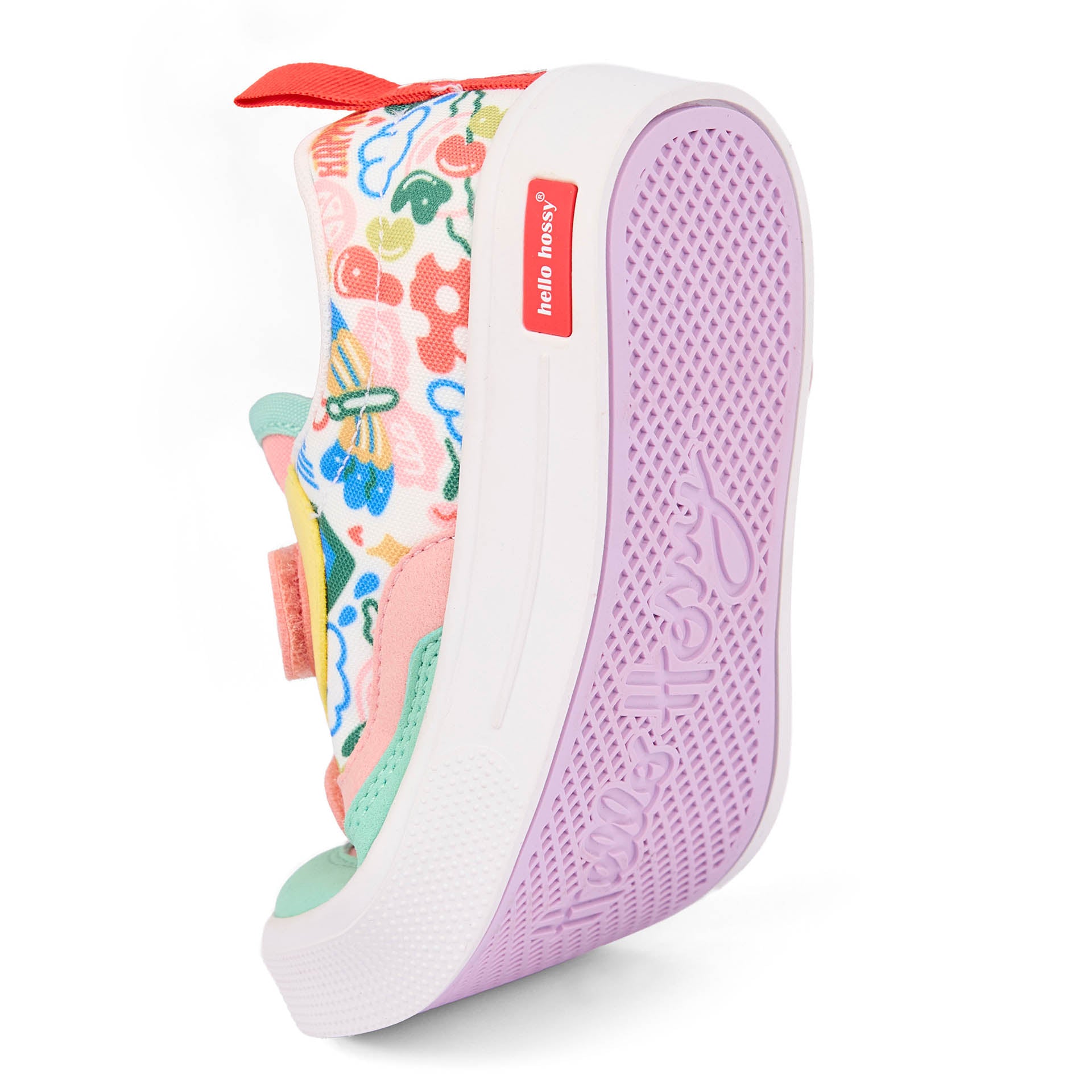 Sneakers niño rosa verde estampado arte flores suela violeta flexible Hello Hossy
