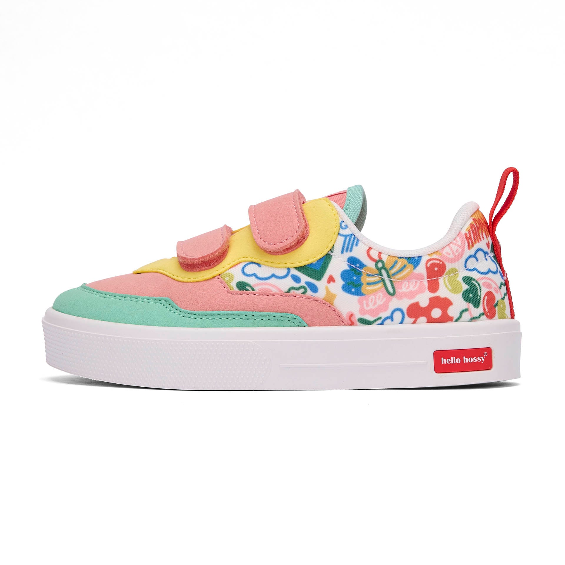 Sneakers niño rosa verde amarillo estampado arte multicolor doble velcro Hello Hossy
