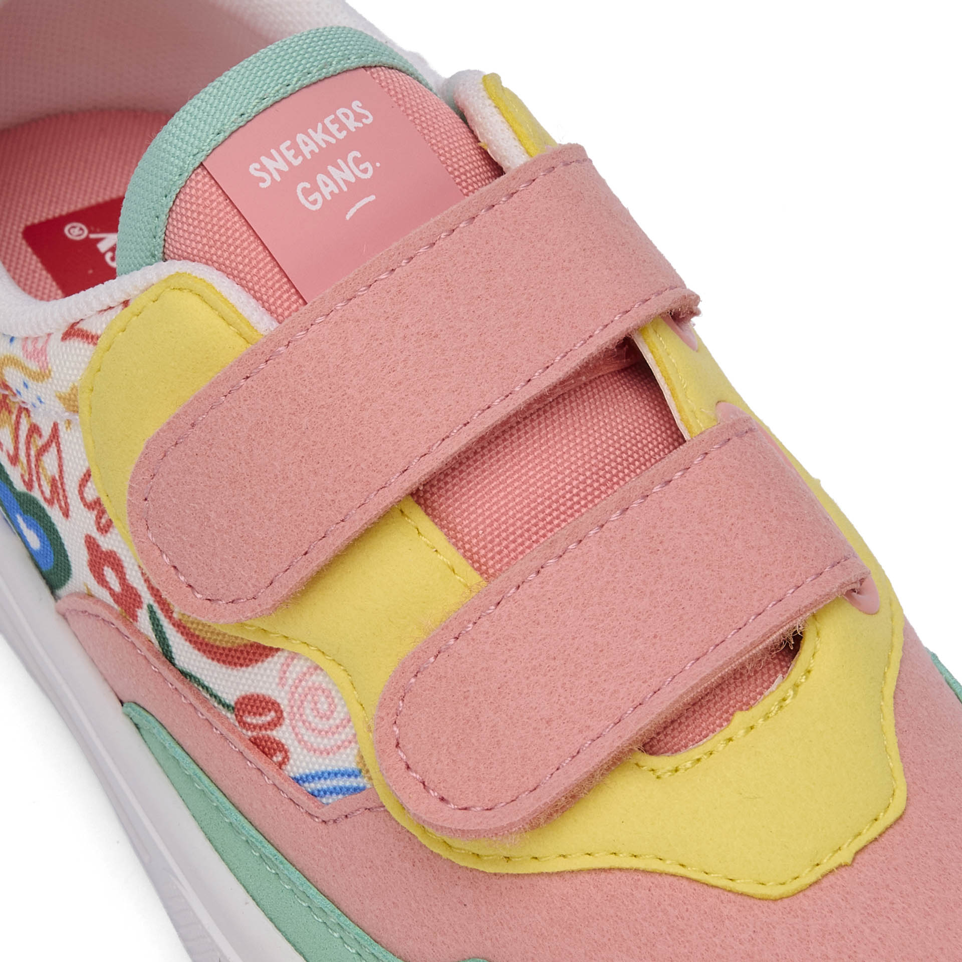Sneakers niño rosa verde amarillo estampado arte suela blanca doble velcros Hello Hossy