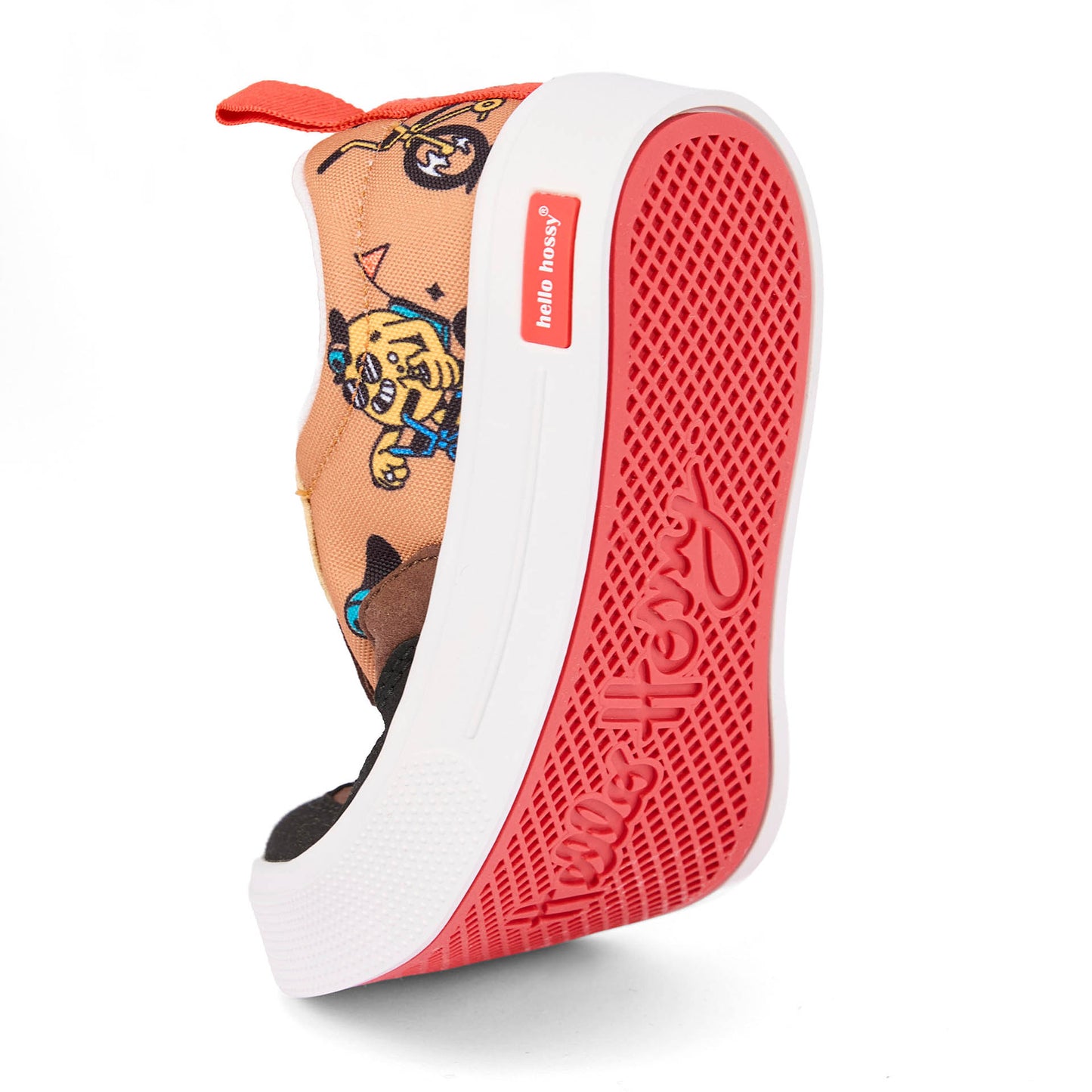 Sneakers enfant marron noir imprimé mascottes vélo semelle rouge souple Hello Hossy