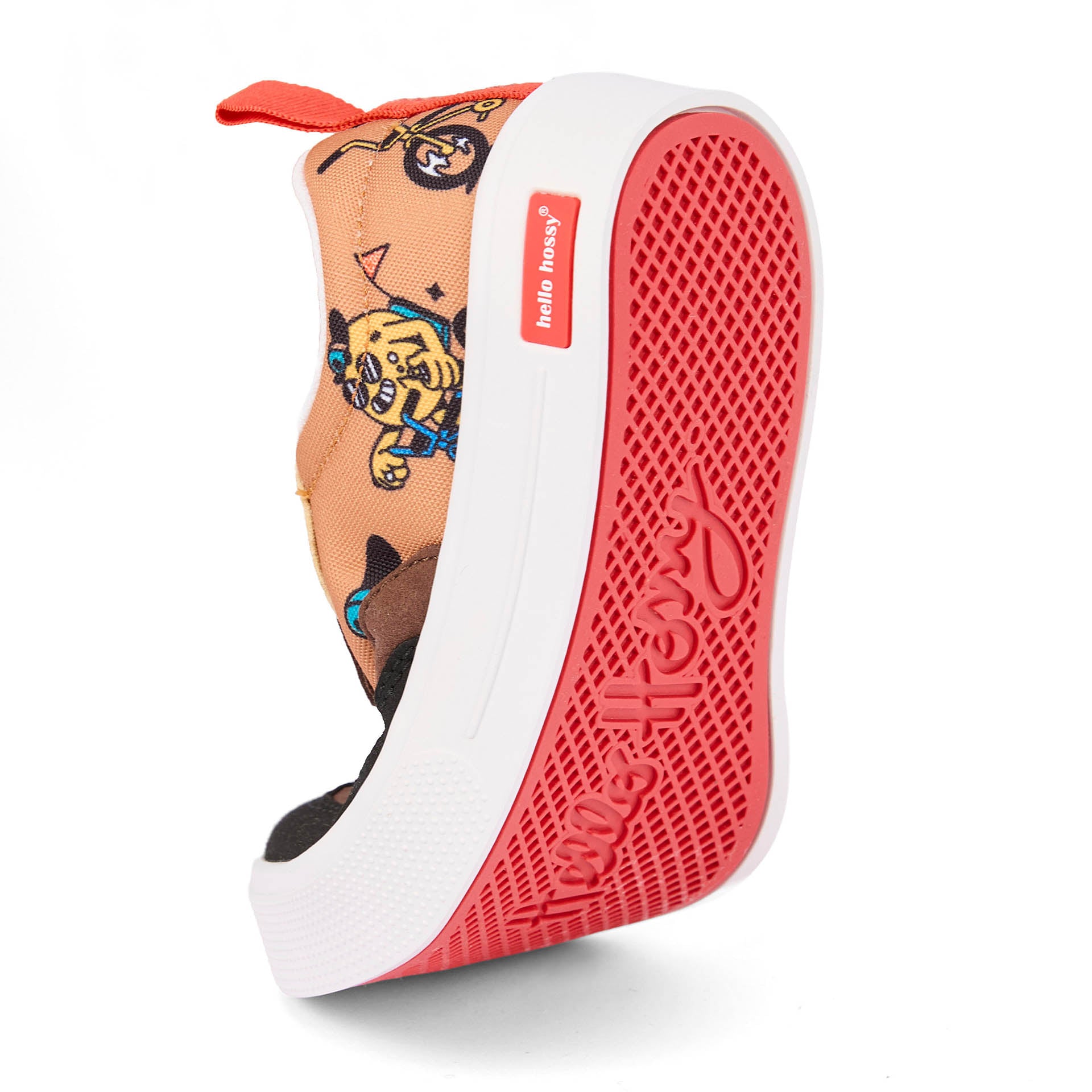 Sneakers enfant marron noir imprimé mascottes vélo semelle rouge souple Hello Hossy