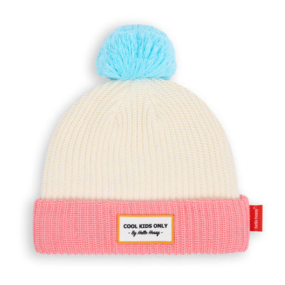 Bonnet Enfants Color Block Pink Ice, avec pompon, doublure polaire, coton biologique, dès 9 mois, Cool Kids Only !