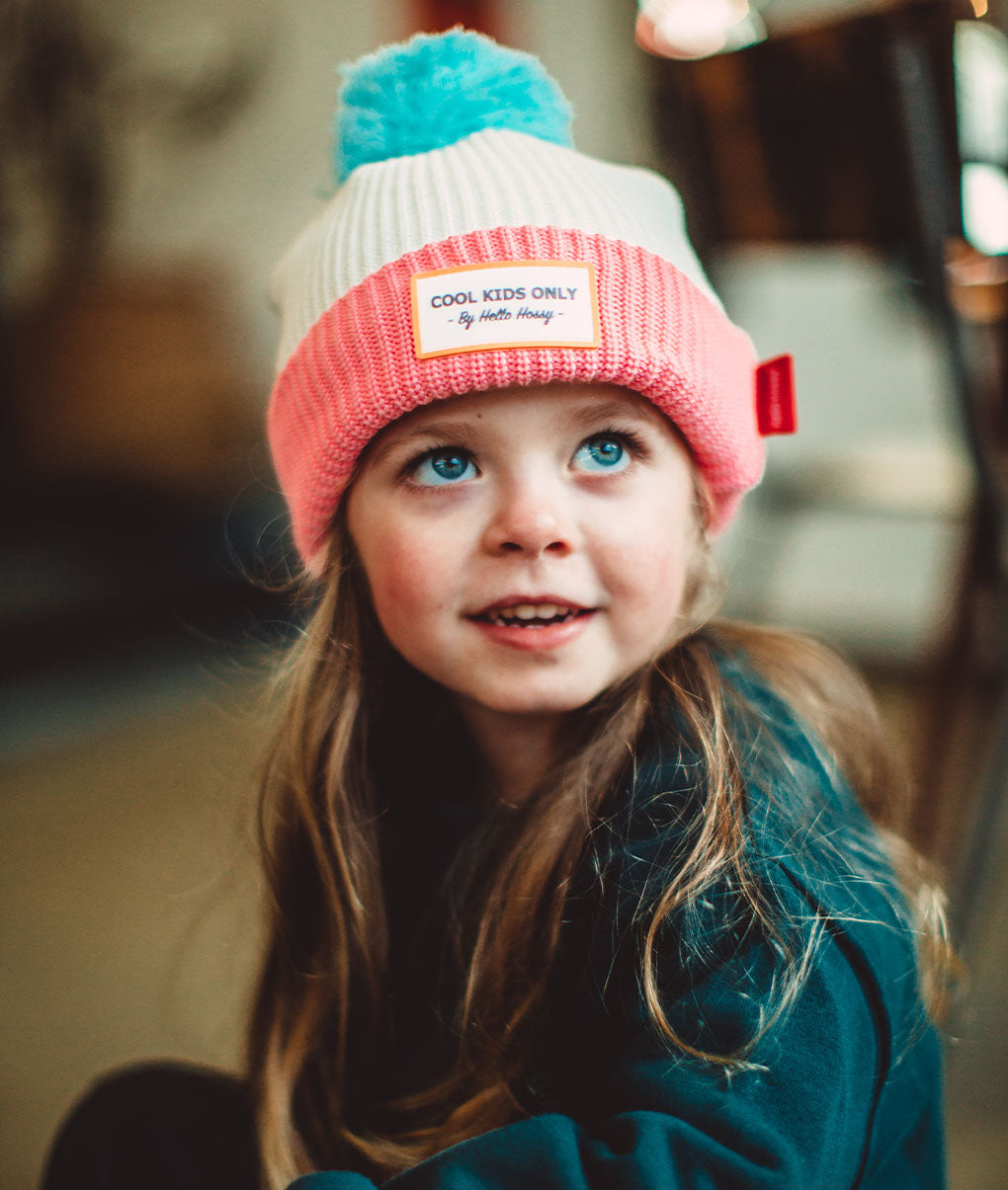 Bonnet Enfants Color Block Pink Ice, avec pompon, doublure polaire, coton biologique, dès 9 mois, Cool Kids Only !