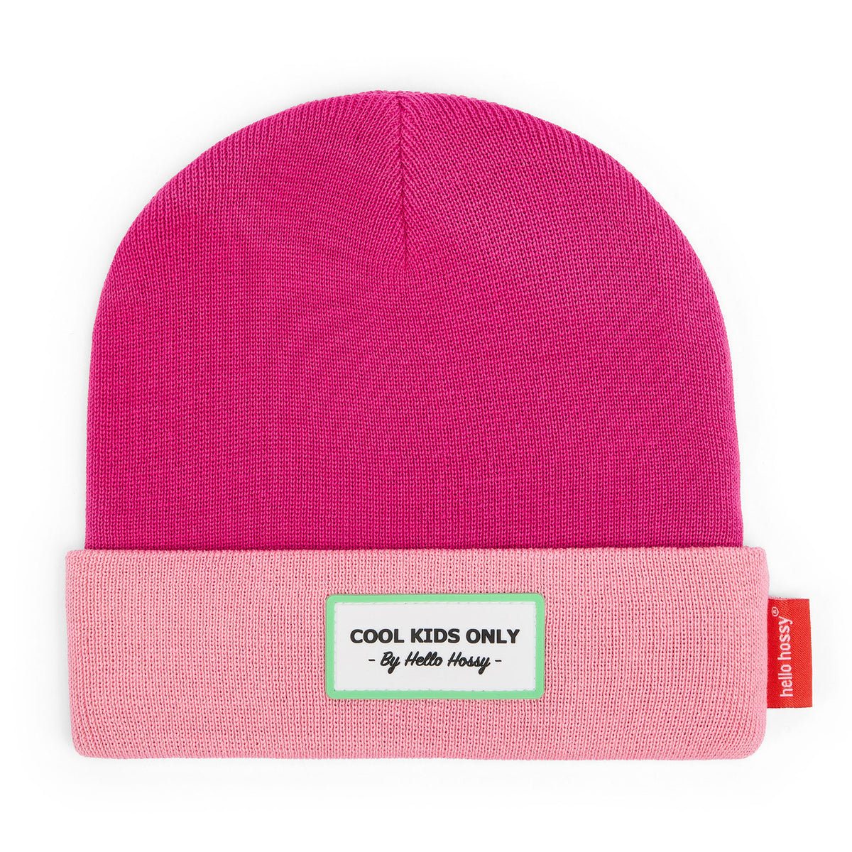 Gorro infantil fucsia rosa con borde doblado y etiqueta bordada Hello Hossy