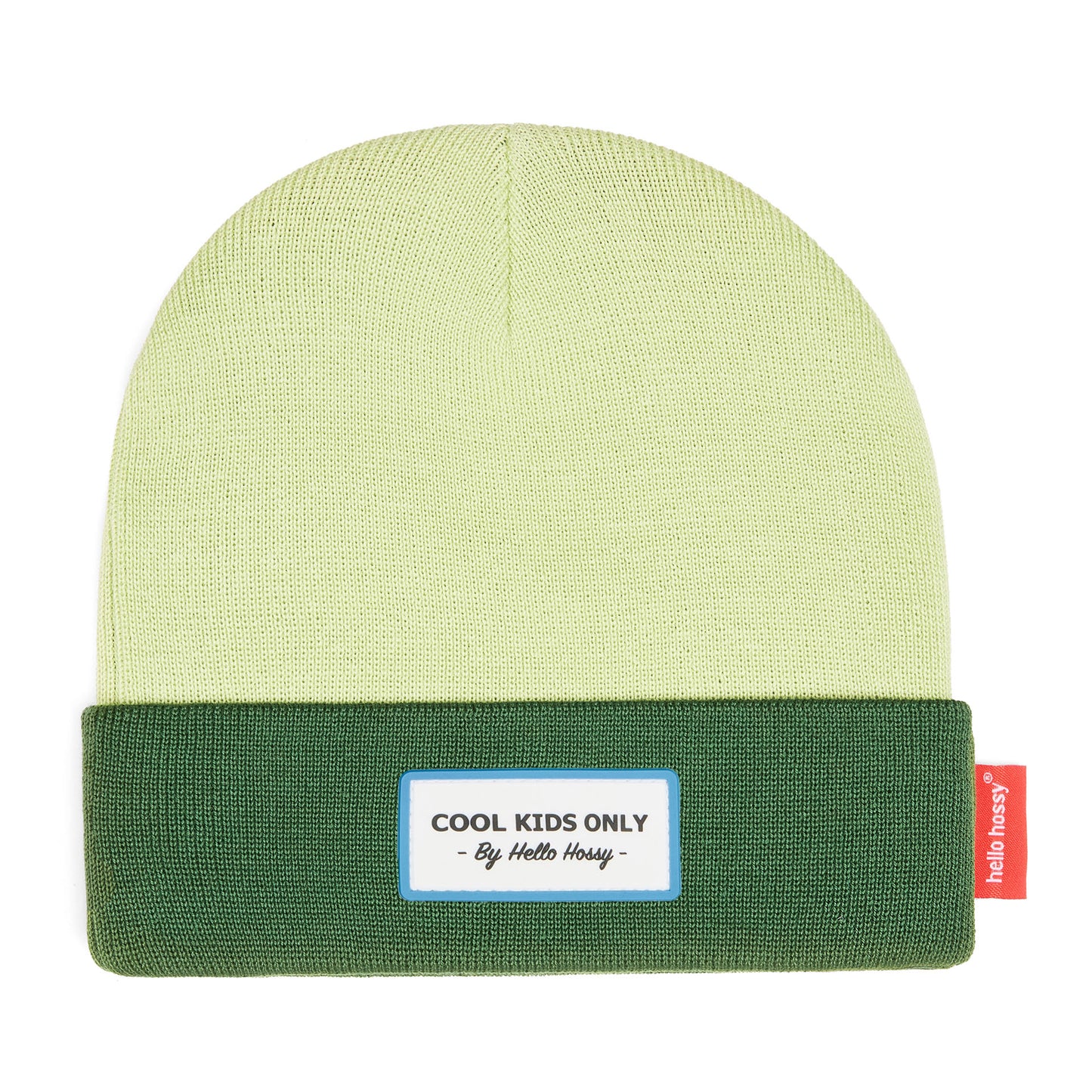 Gorro infantil verde claro con borde oscuro y etiqueta bordada Hello Hossy